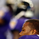 Ray Rice the Baltimore Ravens sits on the bench against the Dallas Cowboys in the first half of their preseason game at AT&T Stadium Aug. 16, 2014, in Arlington, Texas.
Ronald Martinez/Getty Images